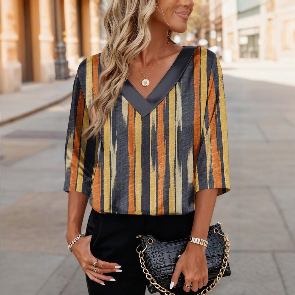 Womens 3/4 Length Sleeves Shirts V-Neck Satin  Loose Dressy Trendy T-Shirt Pullover Blouse Tops