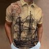 Trendy! Nautical sailing ship print short-sleeve polo shirt