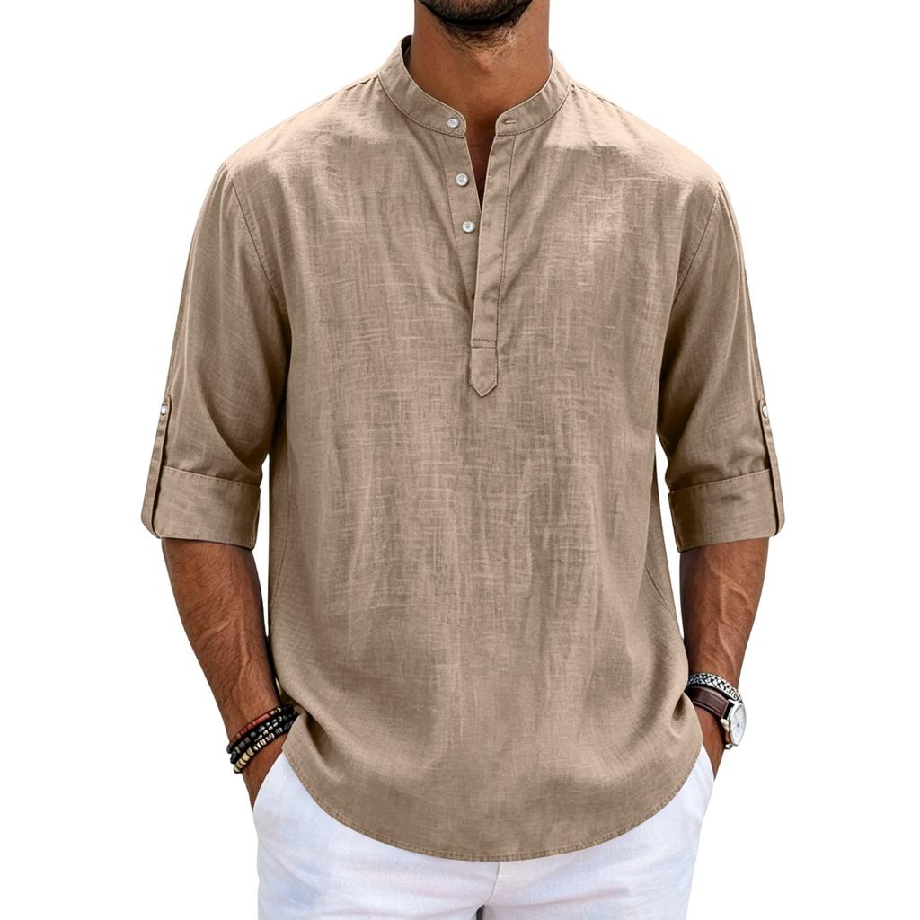 Men's Linen Long Sleeve Shirt Loose Fit Stand Collar Button Placket Casual Cotton Blend Pullover Shirt for Everyday Wear