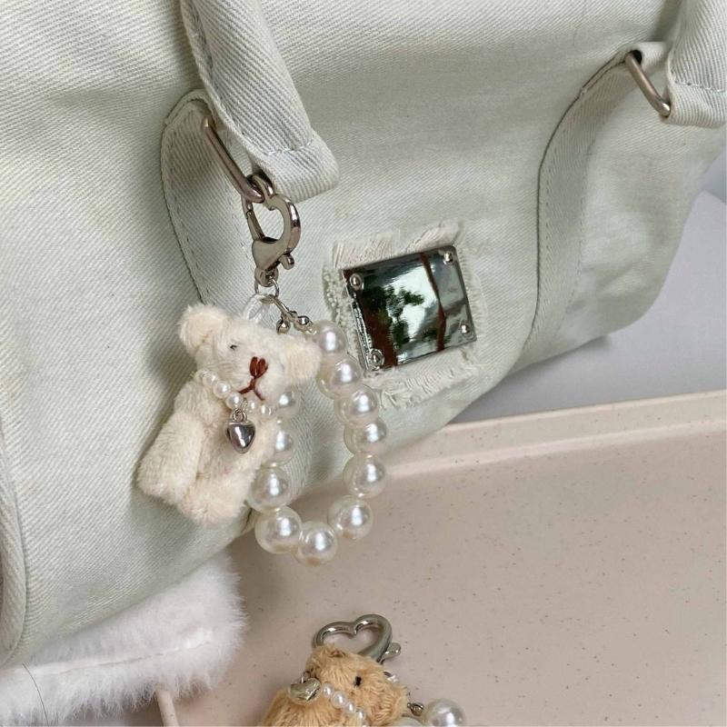 Modern Plush Bear Phone Charm Keychain with Imitation Pearls Bag Pendant Keyring Comfortable to Carry for Daily Use