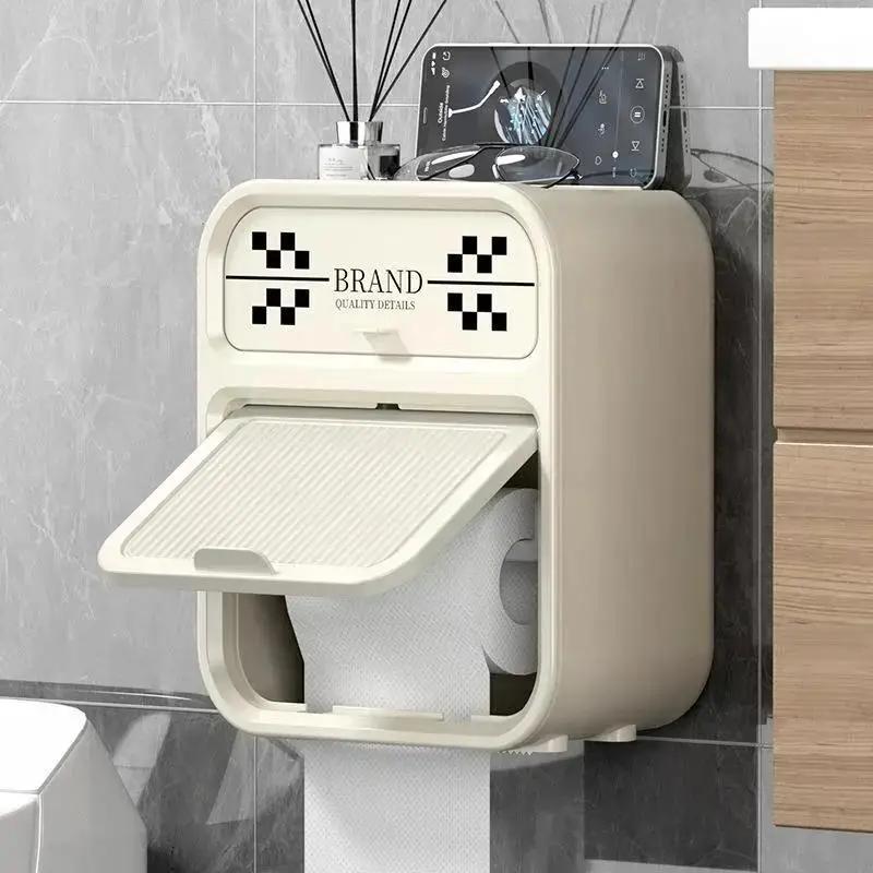 Nordic Style Checkerboard Bathroom Paper Towel Box Double Layer Shelf Waterproof No Perforated Wall Mounted Roll Paper Boxes