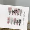 Handmade Pink Cat Eye Press-On Nails Long Pointed Shape 3D Floral Embossed Nail Tips Women