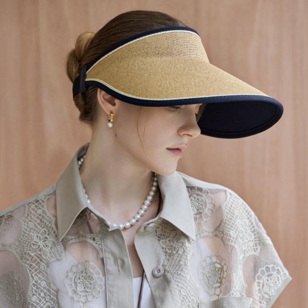Maxza Wide Color Blocking Buckle Strap Raffia Sun Cap dark beige