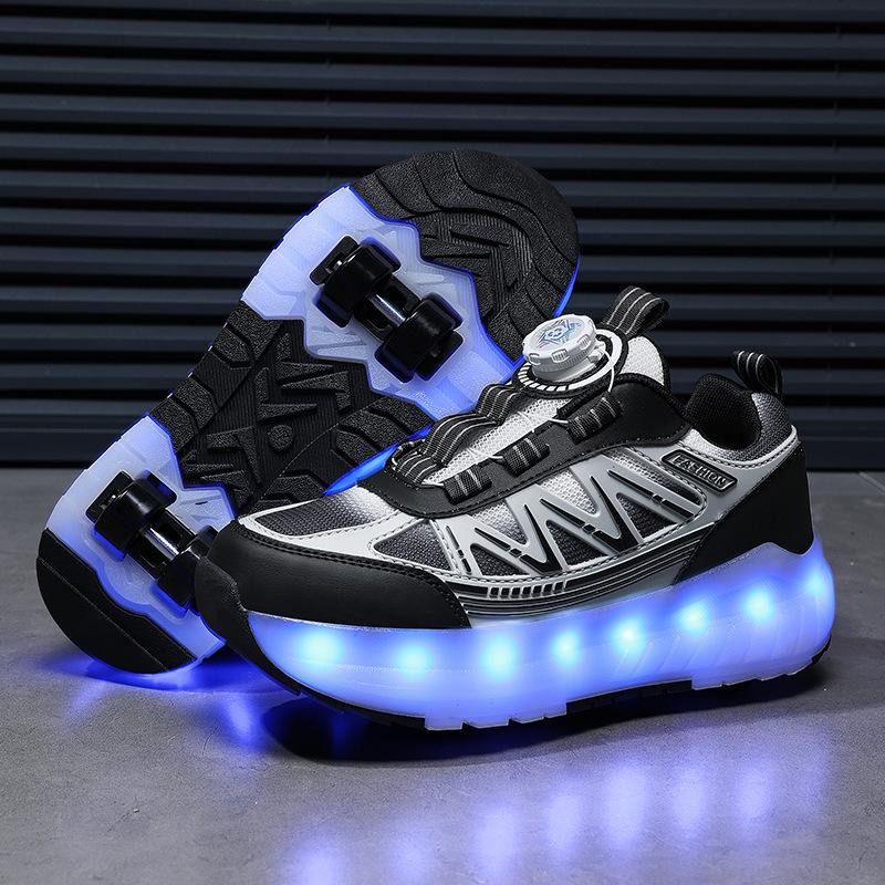 Black Technology Middle School Child Runaway Shoes Roller Skating Boy Classmate Double Wheel Burst Shoes Student Skates Girls Four Wheels with Lights