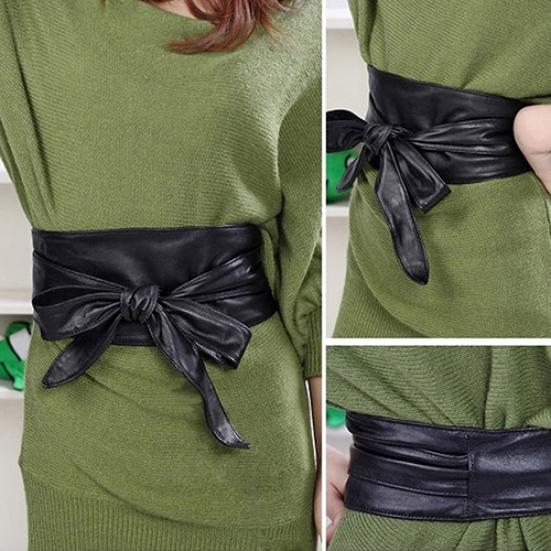 Women's Faux Leather Bowknot Wrap Corset Tie Cinch Waist Belt Band Waistband