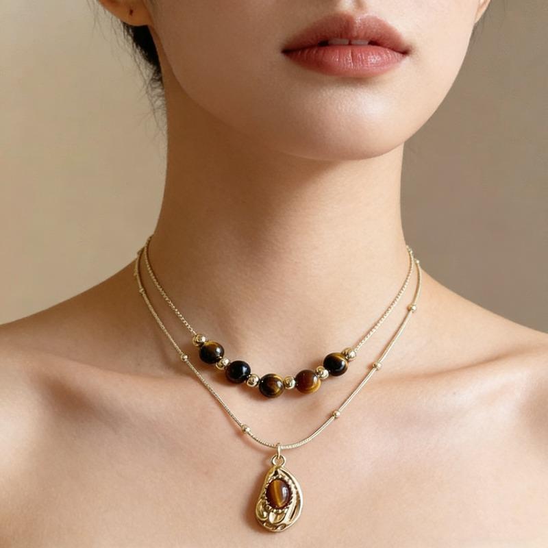 Tiger-eye Stone Necklace - Vintage Beaded Sweater Chain - Women's Small-scale Luxury High-end Style Pearl Neck Chain