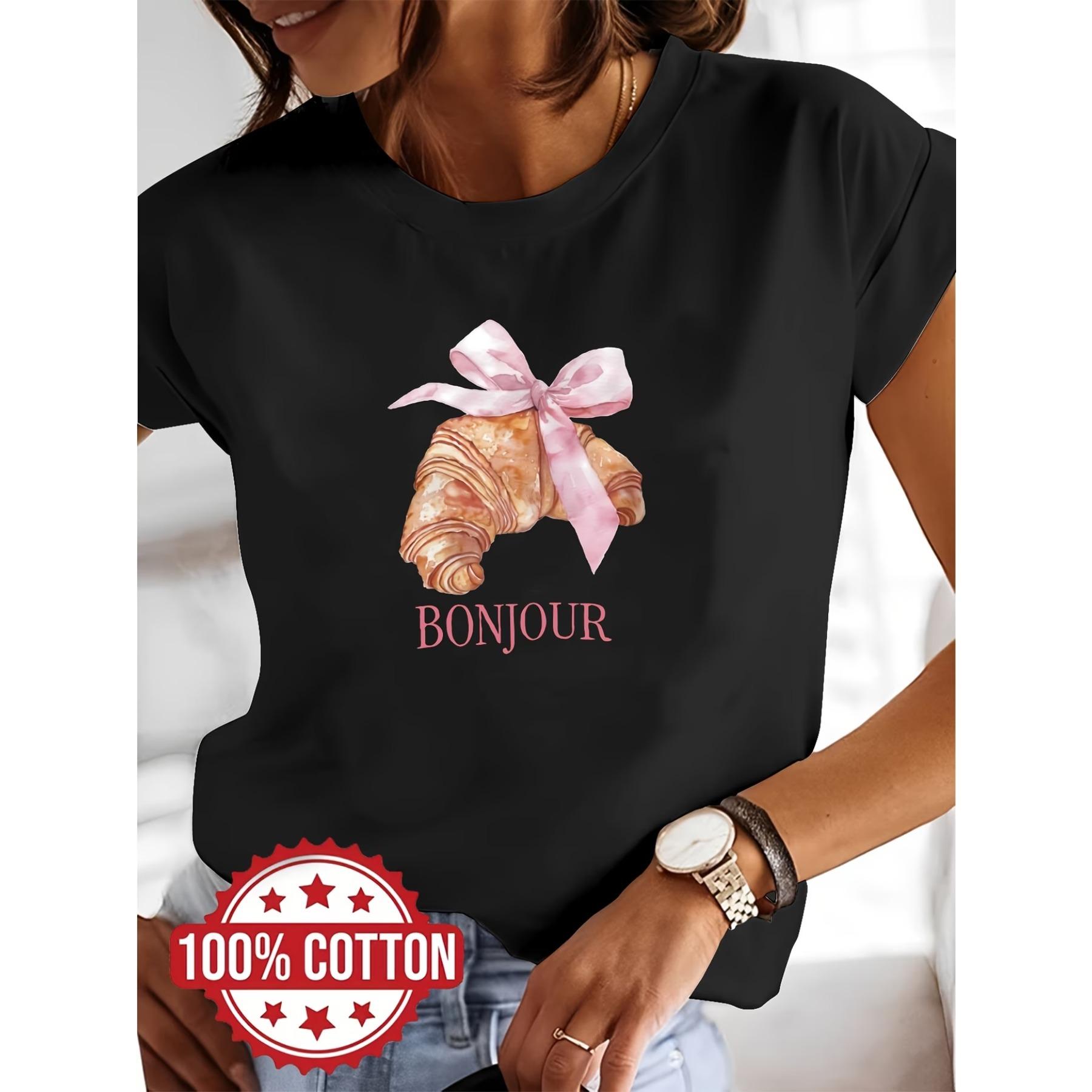 Elegant Round-Neck Short-Sleeve Women S Clothing, Pure T-Shirt, Food Pattern Print S чёрный