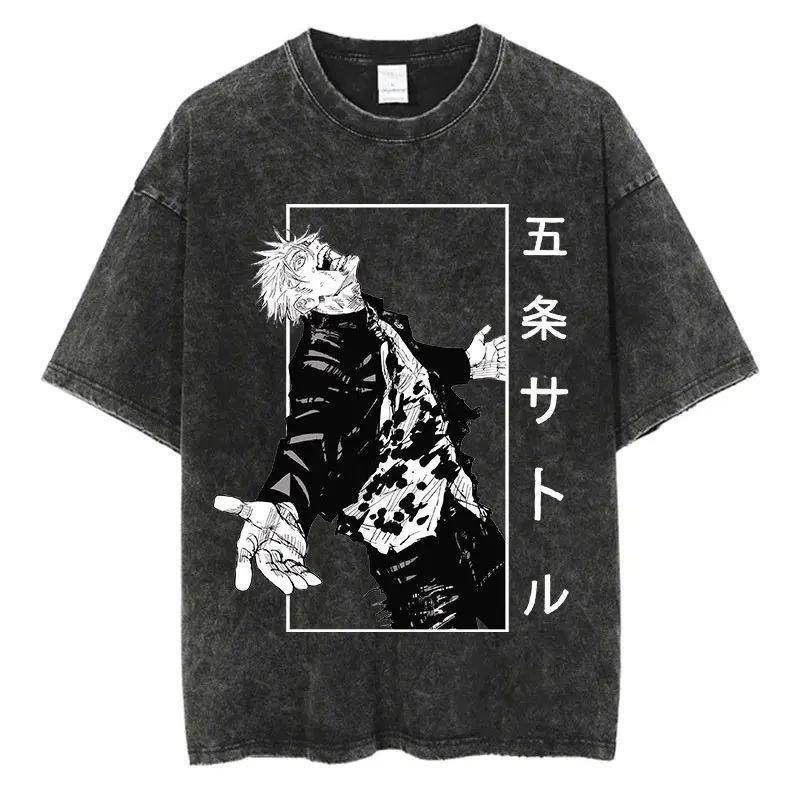 Vintage Washed Anime Graphic T Shirts Man Women Short Sleeve Tops Tees Summer Casual Harajuku Y2k Clothes