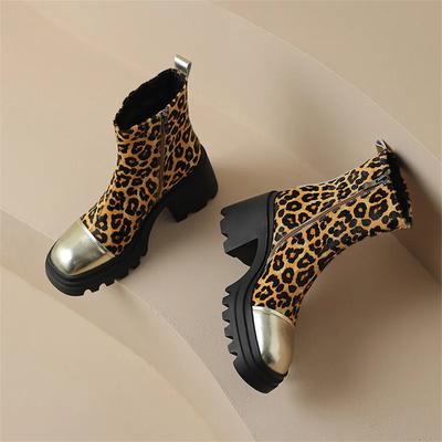 Fashion 2025 Autumn Leopard Horsehair Women Boots Square Toe Platform Boots for Women Fashion Short Boots Winter Boots Zapatos De Mujer