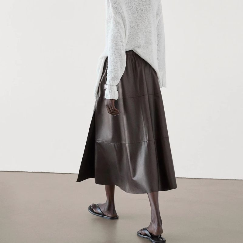 Spring New Women's Clothing Fashion Elegant Brown Fancy Poly Urethane Leather Mid Length Long Length Skirt 5308838