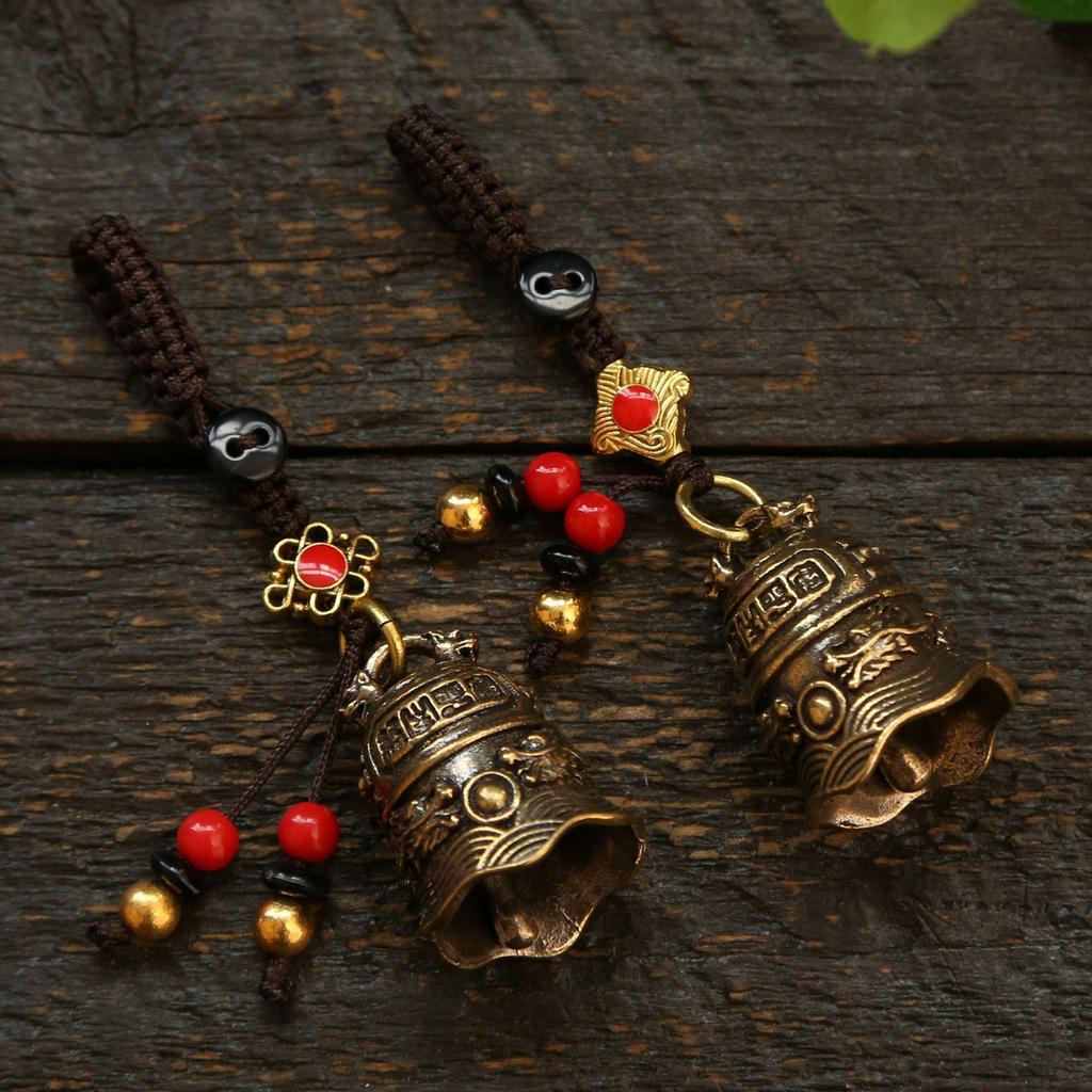 Brass Double Dragon Bell, Retro, Vintage, Car Key Bag Pendant, Handmade Rope, Craftsmanship, Five Emperor Money Accessory