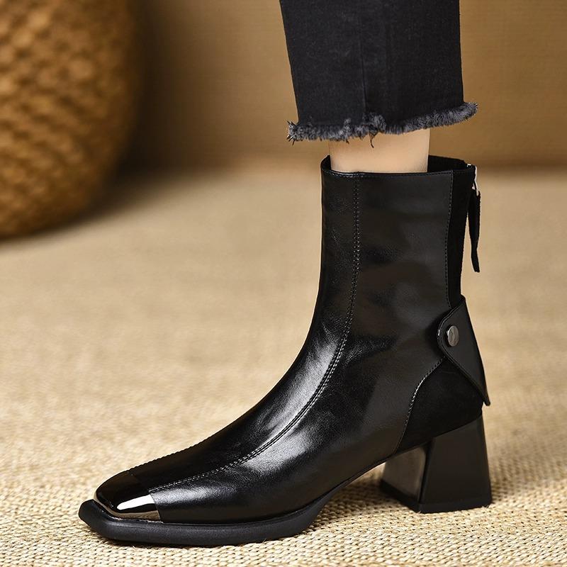 Metal Square Head Short Boots Femininity Black High Heel Short Skinny Boots Not Tired Martin Boots