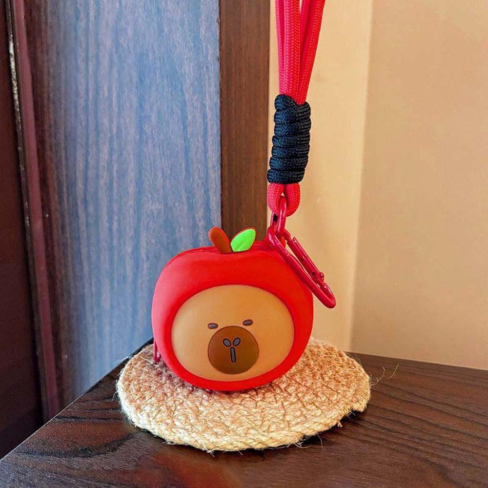 Cartoon Hanging Rope Storage Bag Creative Round Silicone Coin Purse Keychain Earphone Bag  Car Key