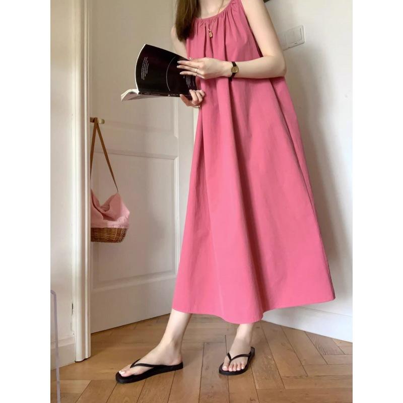Raspberry sleeveless dress women's summer new high-end temperament white vest long skirt