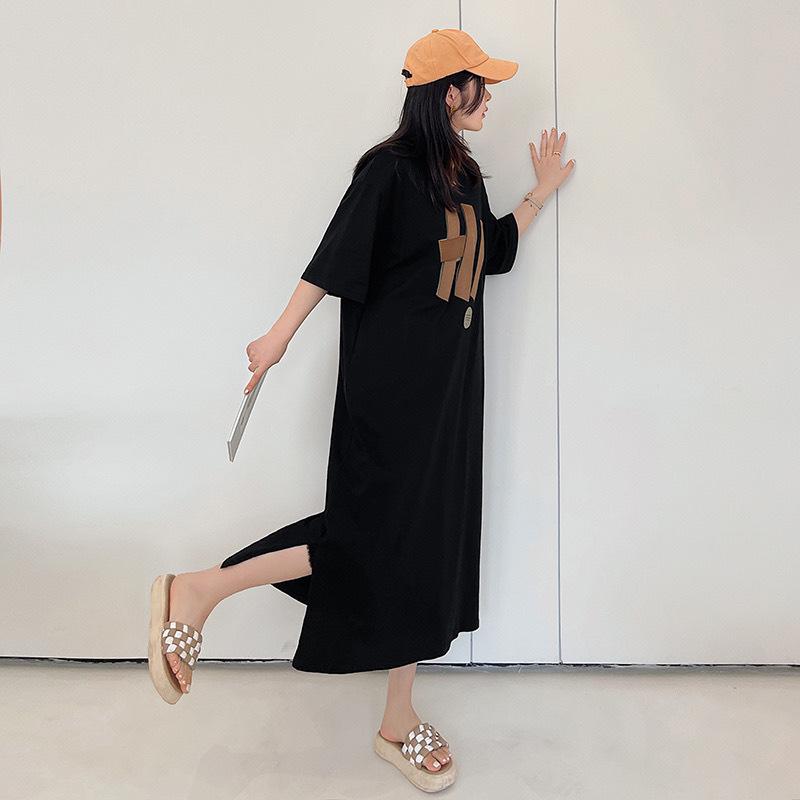 Summer new Korean version printed large t-shirt women's medium and long knee loose large size lazy split dress long dress