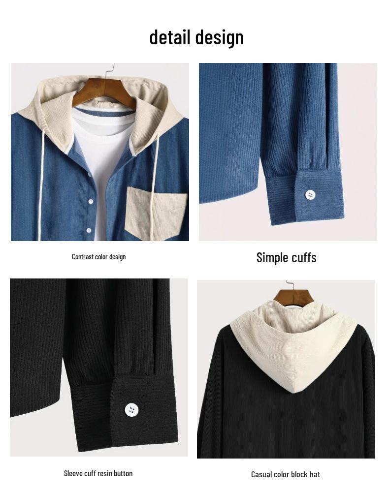 Men's Color-Block Corduroy Hooded Jacket - Warm and Thickened Design