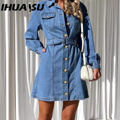 Frühlings- und Herbstmode, lässiges Button-up-Jeanskleid mit schmalen Ärmeln für Damen