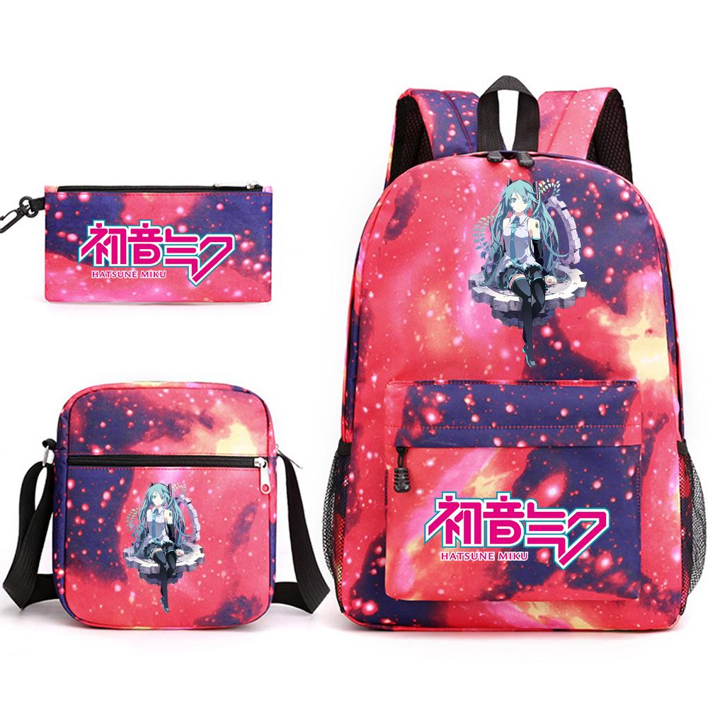3Pcs/set Anime Cartoon Hatsune Miku Printed Backpack with Shoulder Bag Pencil Case for Teenager Student Boy Girl Large Capacity Waterproof School Bag