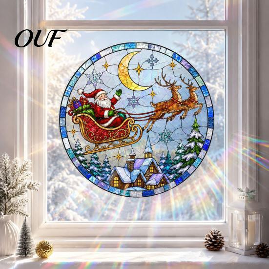 Festival Atmosphere Glass Cling Christmas Santa Sleigh Suncatcher Window Cling, Stained Style Static Sun Catcher Decal Sticker, Rainbow Film