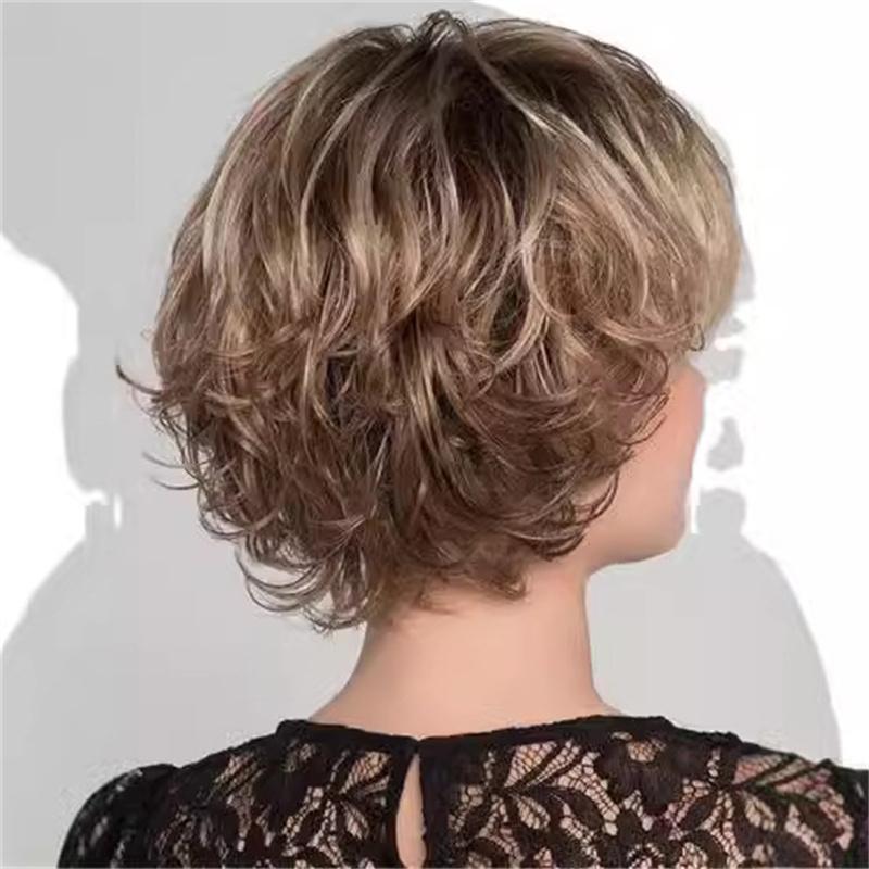Synthetic Blonde Mix Brown Wig for Women Natural Short Curly Wig with Bangs Wig Mommy Fake Hair Daily Cosplay