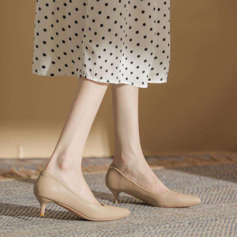555-8 Nude high heels women's thin heels spring and summer French soft leather pointed temperament professional work shoes