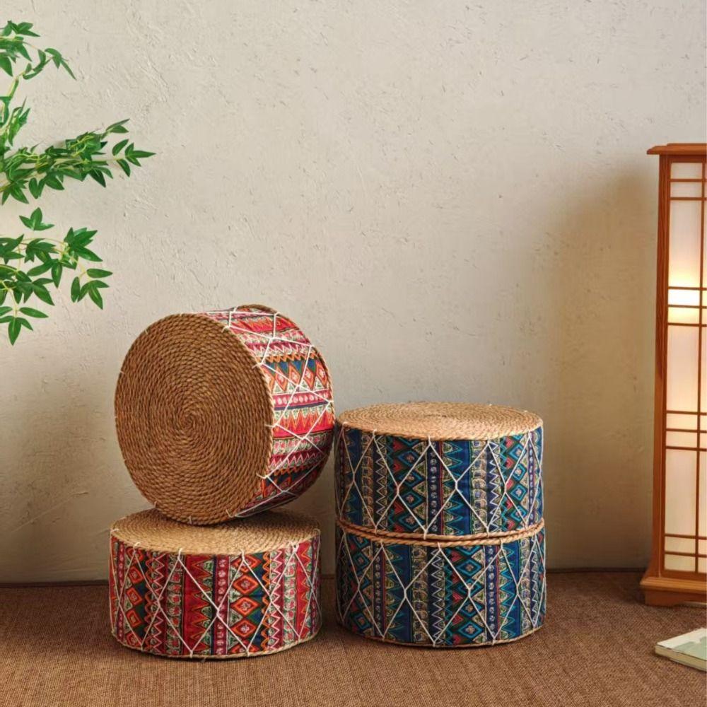 Hand-Woven Floor Cushion Round Shape Ottoman Stool Rustic Style Woven Stool  Living Room