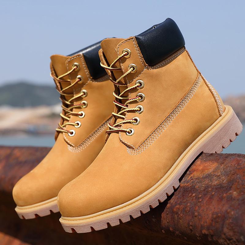 Unisex Yellow High-Top Waterproof Martin Boots – Trendy Autumn/Winter Cowhide Workwear for Couples