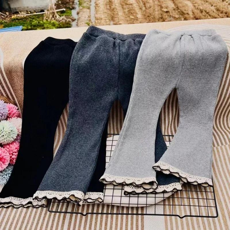 Children Casual Simple Pants Autumn and Winter New Korean Style Girls Leggings Cotton Solid Color Stretch Bell Bottoms Amagi