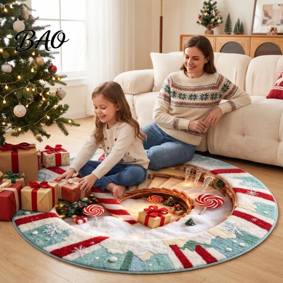 Living Room Xmas Rug 3D Optical Illusion Round Christmas Rug, Cute Santa Claus Crystal Velvet Floor Mat, Non Slip Decor Vivid Printed Circular Carpet