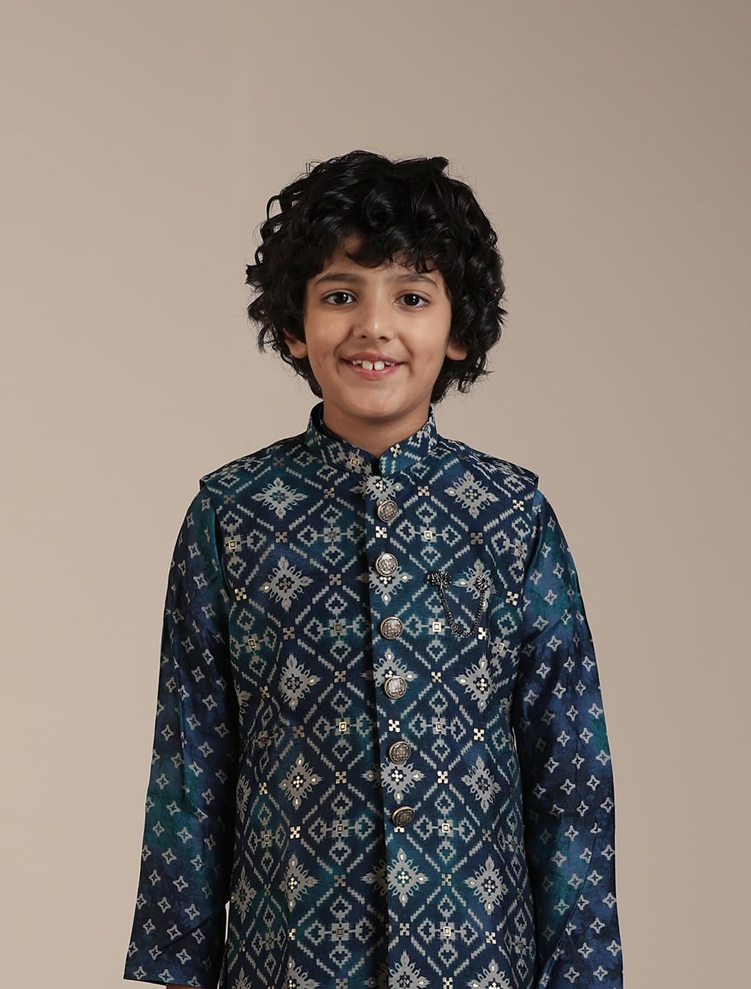 Manyavar Teal Blue Blended Viscose Foil Print Kurta Jacket Pyjama Set for Child 9-10 Y синий