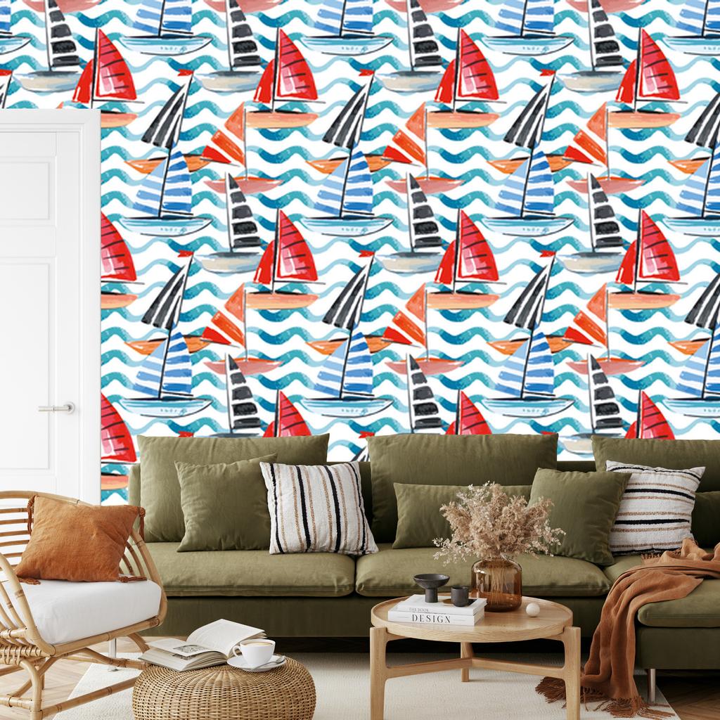 Watercolor Sailboat Wallpaper for Living Room and Bedroom 50x1000