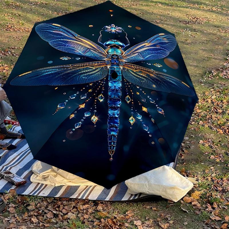 1PC Dragonfly Glitter Automatic Open/Close Umbrella with Windproof, 8-Rib Sturdy Canopy, Durable Ribs, Fashionable Design, Outdoor Accessory, Fun Prin