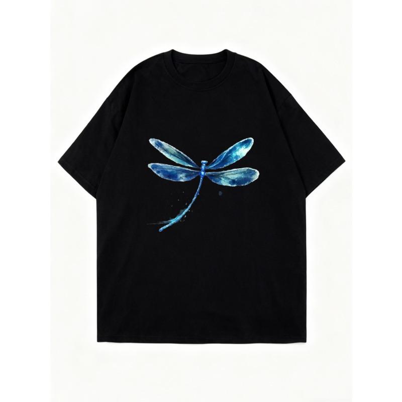 Black Oversized T Shirt With Blue Dragonfly Print For Casual Wear
