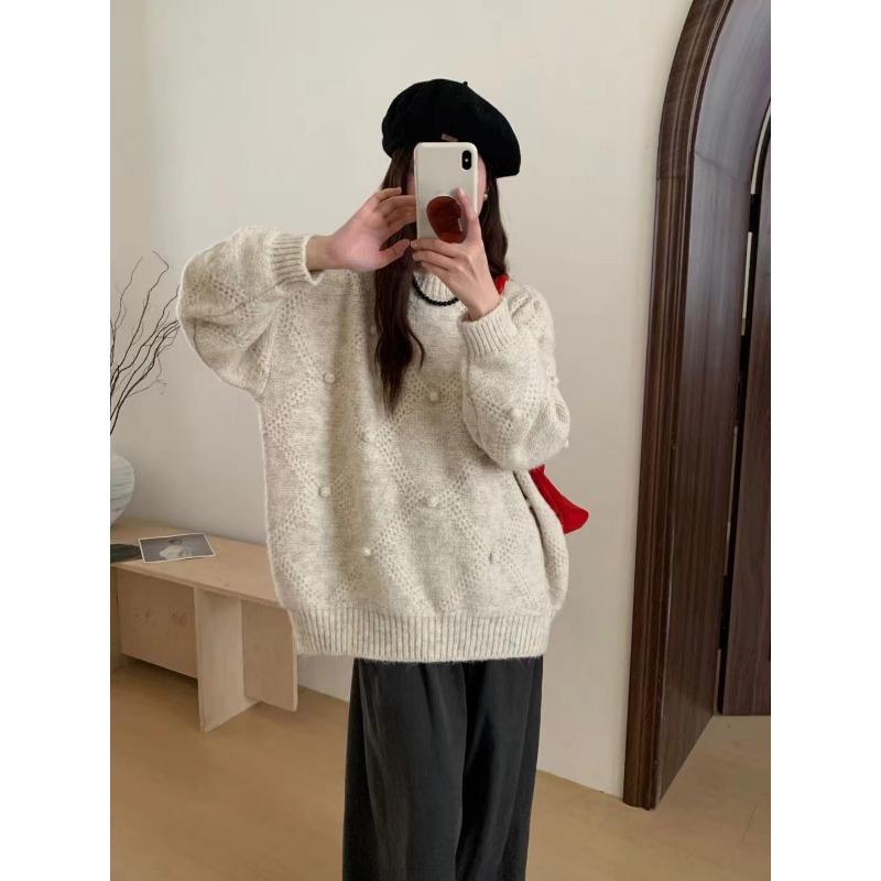 

New autumn and winter knitted pullover women s retro soft waxy gentle diamond lazy loose versatile knitted sweater One size