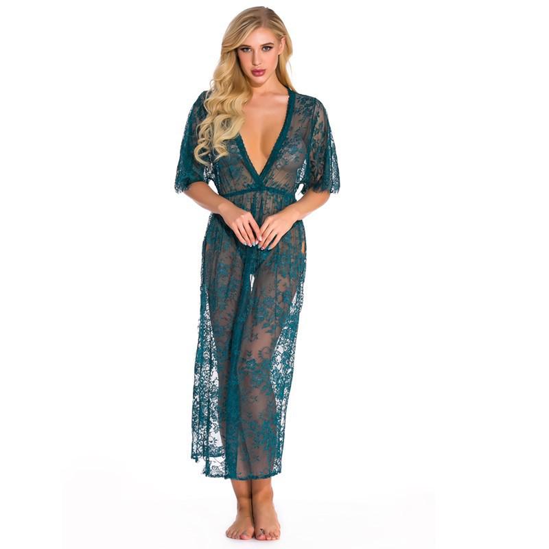 2023 European & American Sexy Lace Deep V Women’s Bodysuit with Side Opening and Long Robe