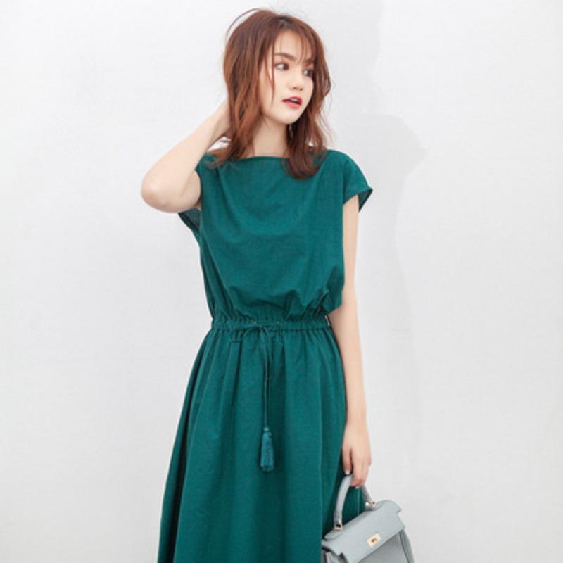 Literary Pendulum Skirt, Summer New Waist Loose Large Size Cotton and Linen Short-sleeved Dress Women