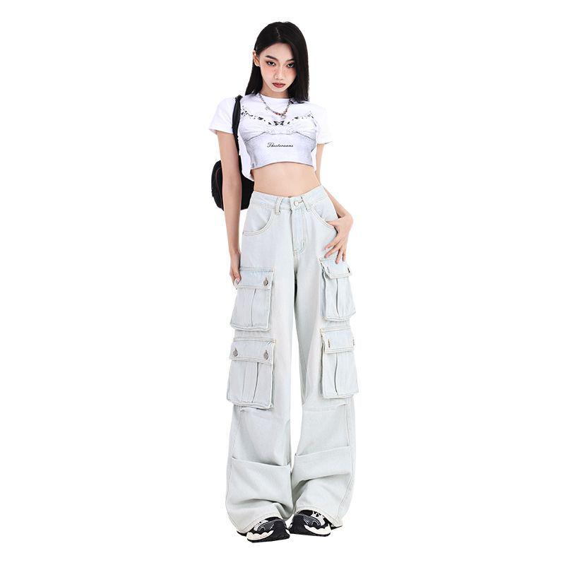 

2025 Summer Light Blue Multi-Pocket Women s Wide-Leg Cargo Jeans, American Street Style Hot Girl Niche Design. S