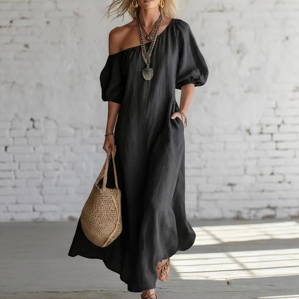 Women Off Shoulder Maxi Dress Casual Lantern Sleeve Solid Color Loose Fit Resort Wear S