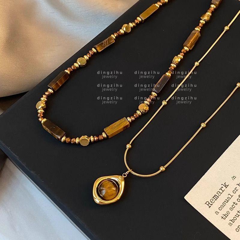 Retro Natural Tiger's Eye Stone Beaded Necklace 2024 Autumn and Winter New Stacked High-end Sweater Chain Collarbone Chain Neck Chain