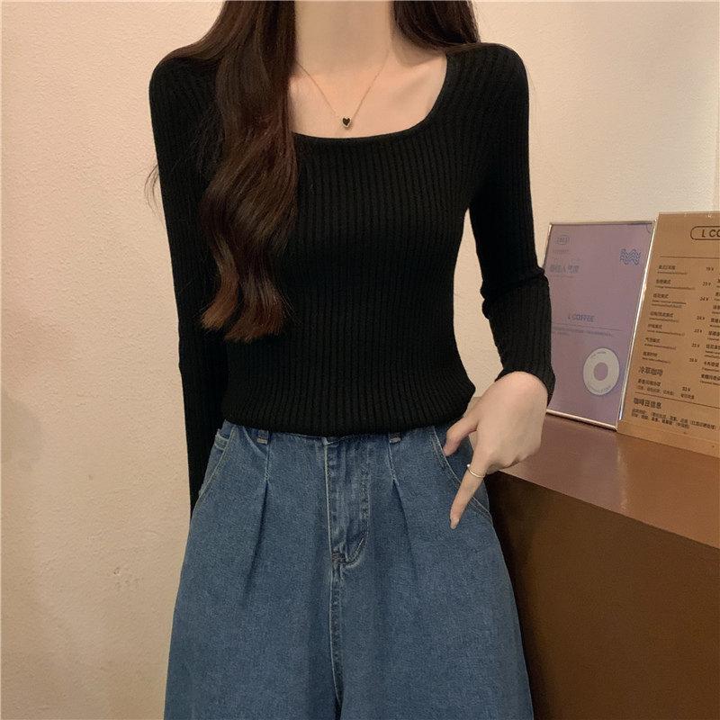 Autumn Winter Women Square Neck Knit Pullover Slim‑Fit Fleece‑Lined Elegant Long‑Sleeve Sweater Low‑Cut Inner Top