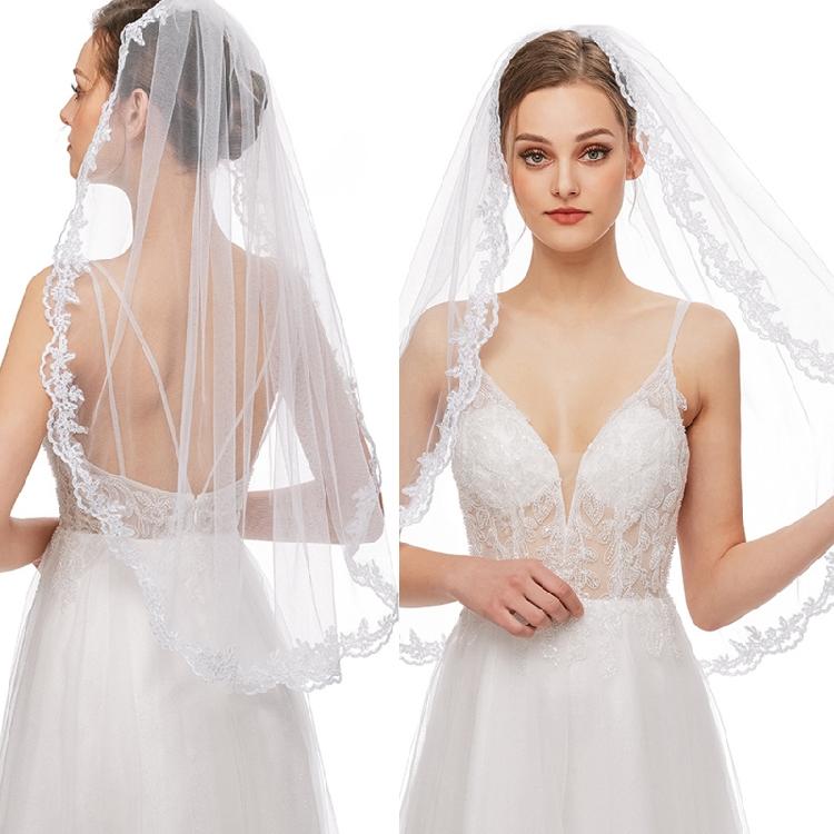 Wedding Veil Single Layer Lace Appliques Fingertip Length Short Tulle for Brides