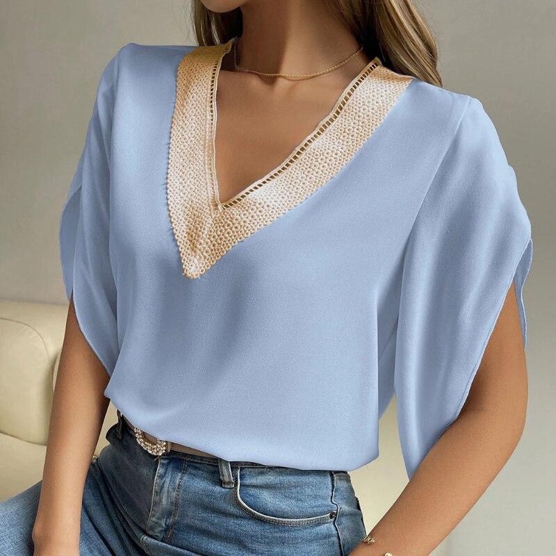 Women Elegant Youth Office Lady Shirt 2023 Spring Fashion Lace V Neck Chiffon Blouse Half Short Sleeve Summer Top 25837