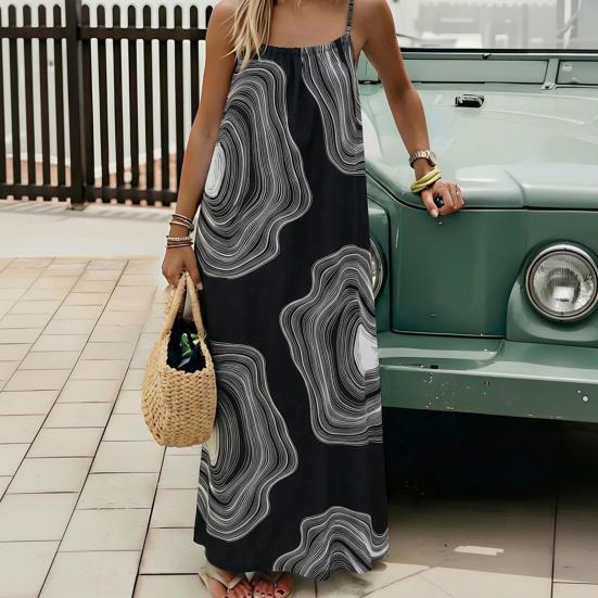 Women's Backless Spaghetti Strap Maxi Dress Casual Sleeveless Loose Flowy Beach Sundress Geometric Print Vacation Outfits