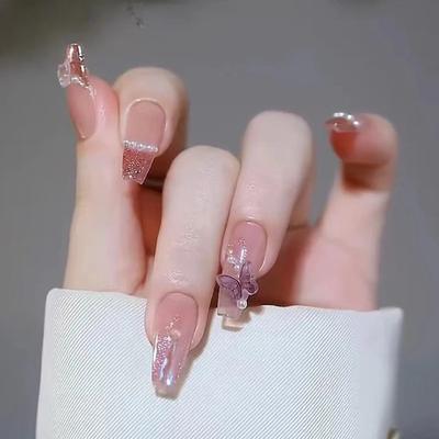 Umělé nehty Brzké podzimní bělení Diamantový styl Nošení nehtů Trojrozměrná motýlí růžová Transparentní Flash Ins Styl Dlouhé umělé nehty