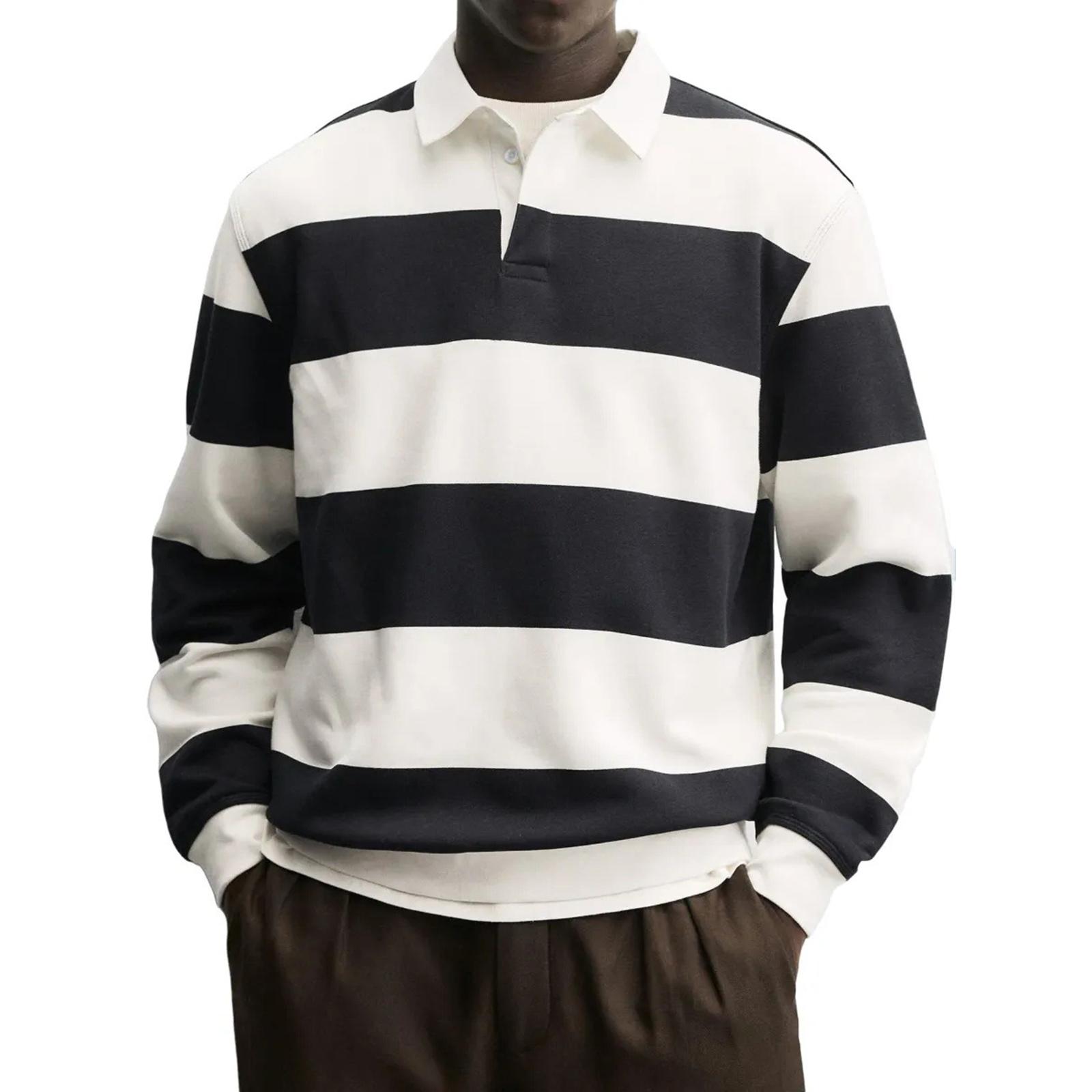 

Men s Casual Fashionable Loose And Comfortable Striped Printed T-shirt With Lapel And Long Sleeved Top XL білий