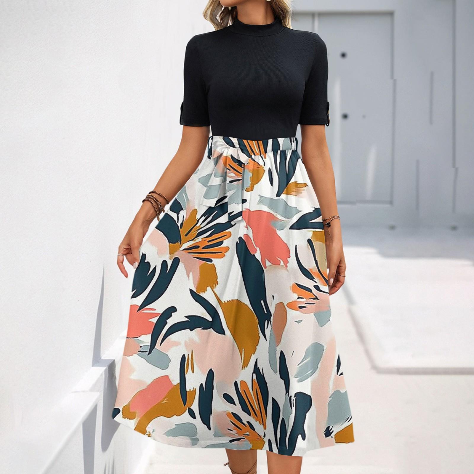 

Женское модное повседневное платье с коротким рукавом и круглым вырезом с цветочным принтом и элегантным темпераментом XL арбуз красный