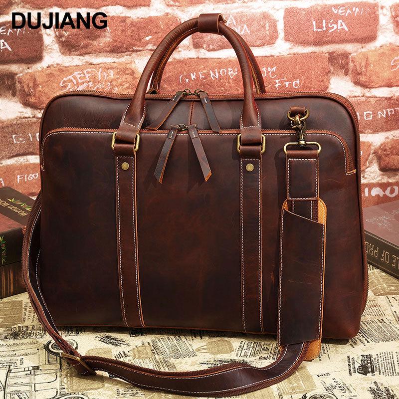 15-inch Men's Retro Genuine Leather Business Briefcase with Shoulder Strap