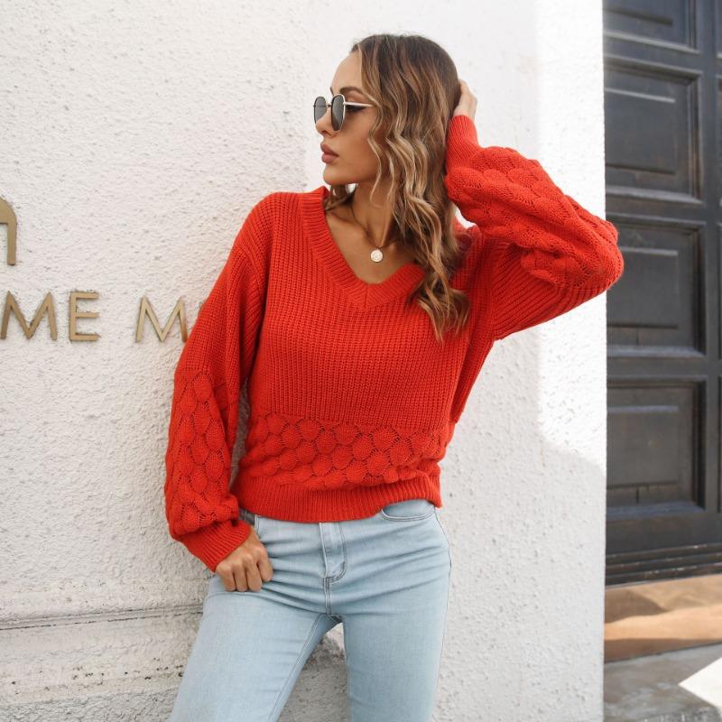 Women Loose Fit Lantern Sleeve Knit Sweater For Autumn Winter