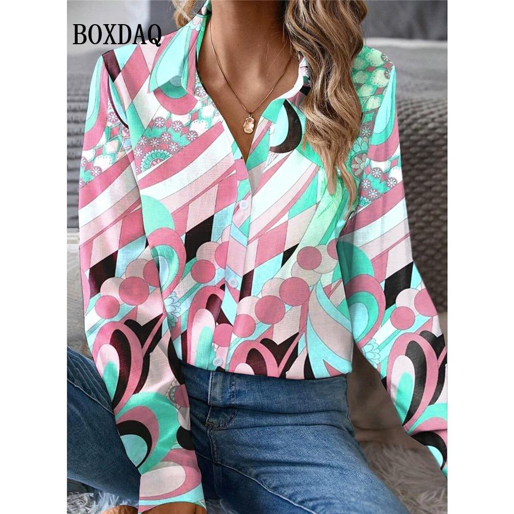 Autumn Fashion Blouse Women S New Geometry Print Long Sleeve Lapel Shirts Casual Button Ladies Tops Elegant Female Clothes S