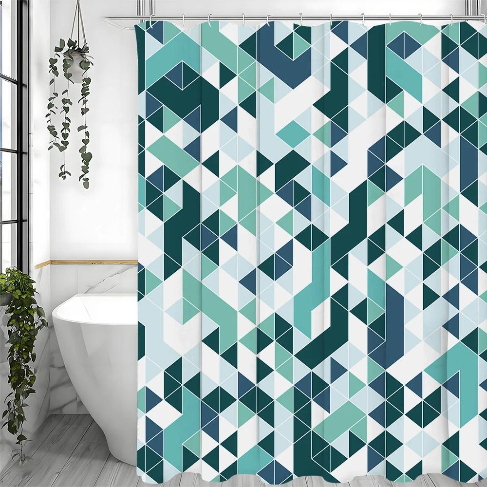 Creative Green Geometric Shower Curtain, Bathroom Decorative Shower Curtain, Waterproof Shower Curtain with Hooks